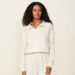 MONROW Supersoft Fleece Polo Sweatshirt OFFWHITE Sale